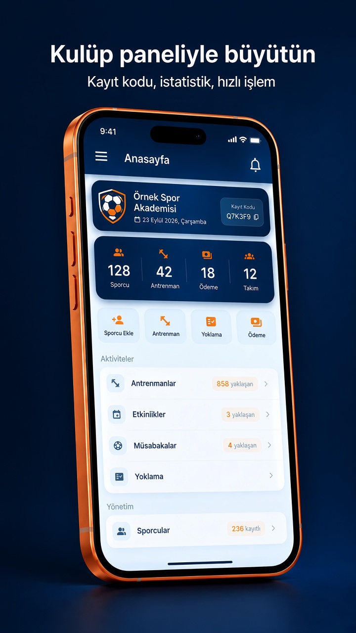 Spor360 kulüp dashboard - kayıt kodu, istatistikler, hızlı işlemler